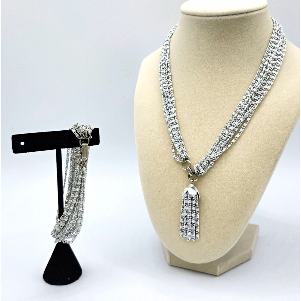 Vtg Sarah Coventry Silvery Cascade Celebrity Multi-Strand Chain Tassel Set